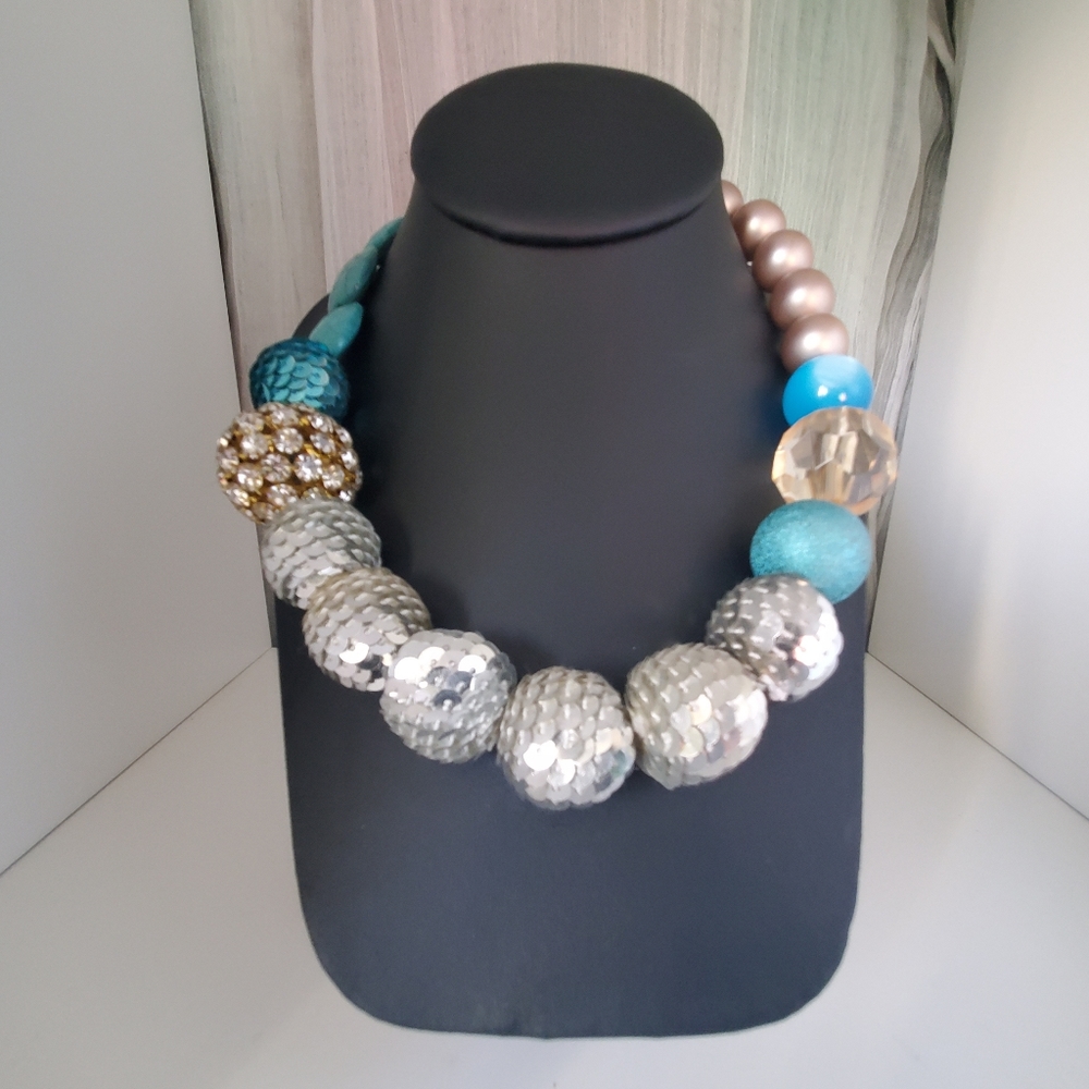 Lenora Dame Chunky Sequin Bold Beaded Blue Necklace